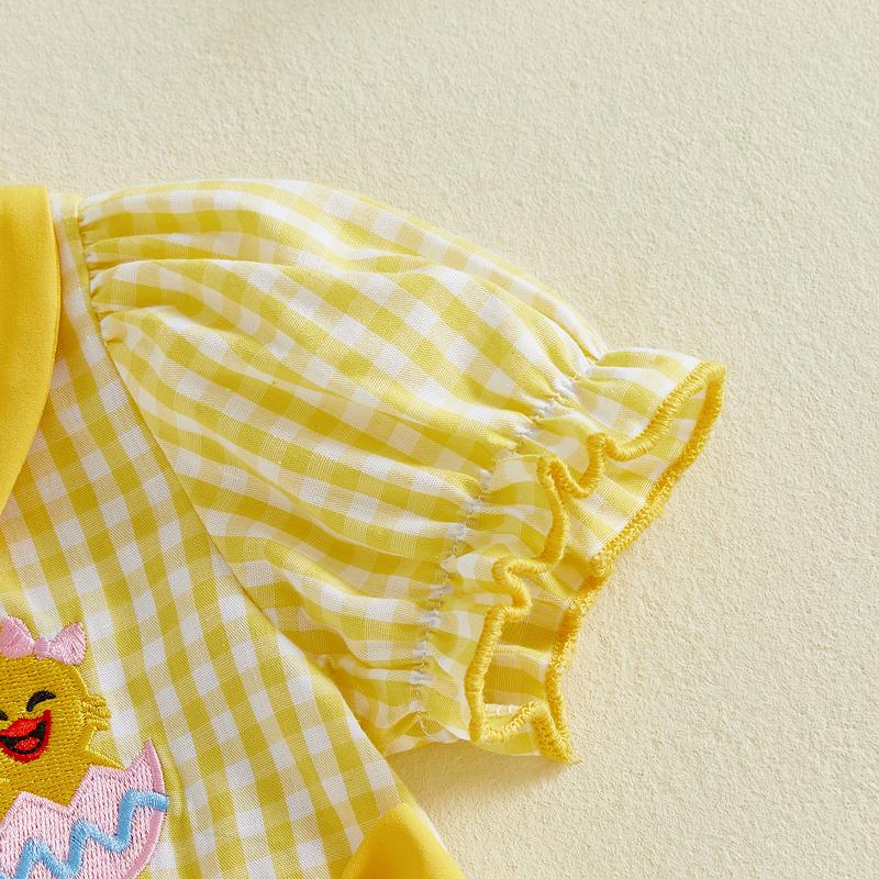 Baby Girl Easter Outfits Short Sleeve Chick Embroidery Romper with Headband Set Newborn Clothes
