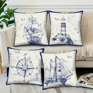 4pcs Set Nautical Sailing Throw Pillow Covers, Polyester Woven, Coastal Style Print, Zipper Closure, Machine Washable, for Couch Sofa Bed Home Decor