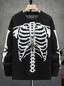 Men's Halloween Cartoon Skeleton Print Drop Shoulder Sweater, Regular Fit Casual Long Sleeve Round Neck Jumper for Fall & Winter, Fashion Men's Knitwear for Daily Wear