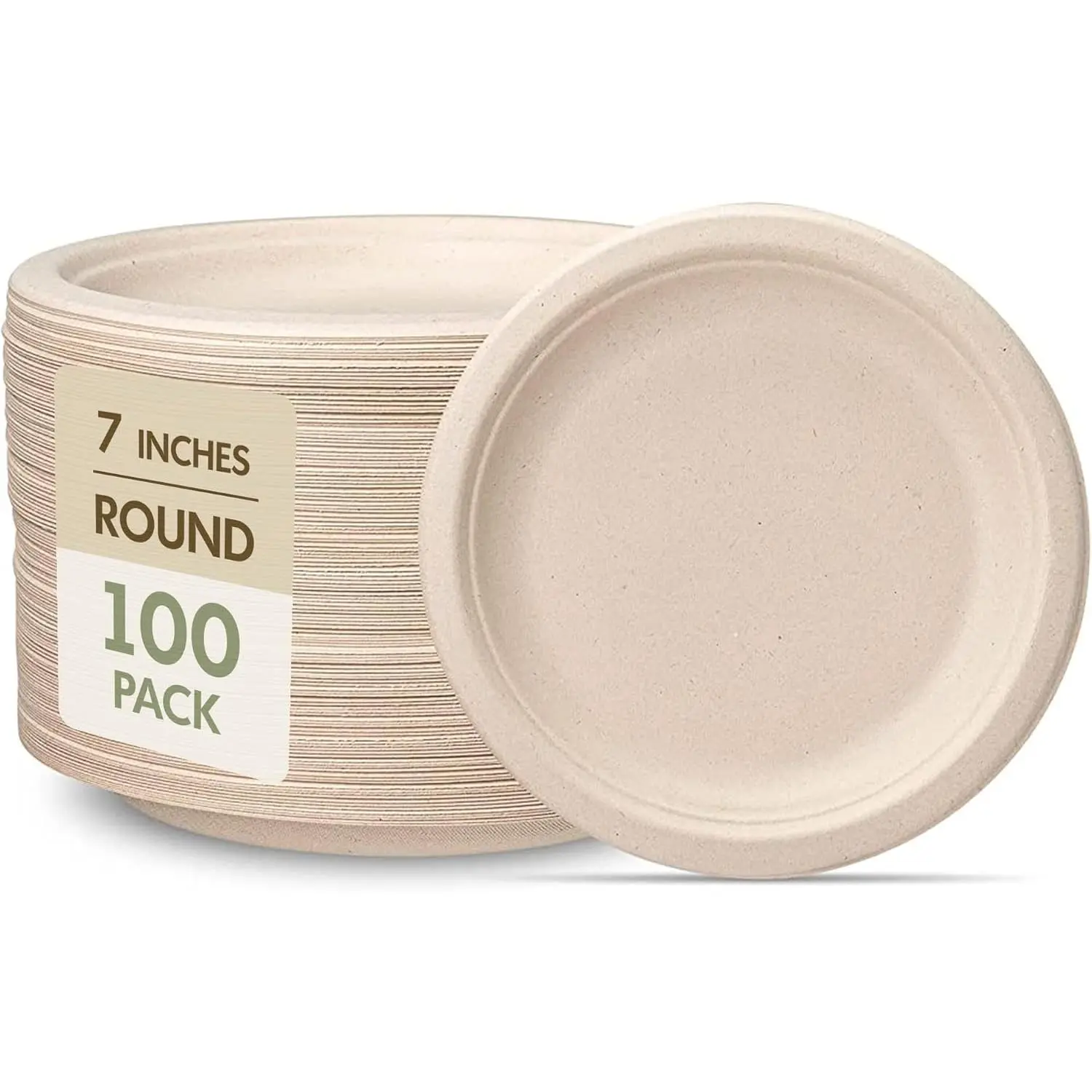 QUSEVOO 7-Inch Round Bagasse Compostable Disposable Plates (100-Pack) - Eco-Friendly Disposable Tableware Set, Brown Sugarcane, Biodegradable, Microwavable, Oilproof, Waterproof for Party, Food & Everyday Kitchen Use