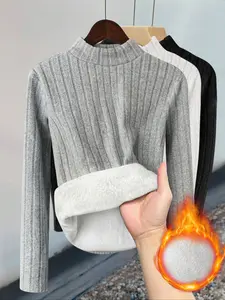 Women's Fall Winter Fashion Slim Fit Thermal Long Sleeve Tops Set, Casual Round Neck Fleece Lined Pullover, 3 Piece