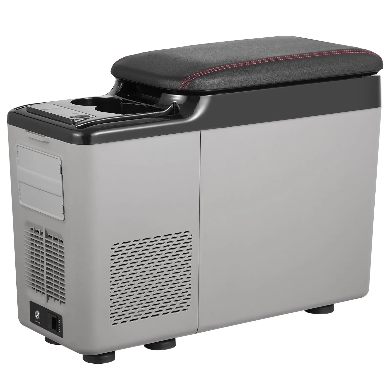 VEVOR 15L Aluminum Car Armrest Portable Compressor Cooler - 12V/24V DC & 100-240V AC DC Power, 45W, Cooling Fast, 2 Built-in Cup Holders, 4℉ to 68℉ Range, LED Screen, USB Port, Bluetooth App, 9 kg, 591x230x453mm, for Outdoor Travel, 591 X 230 X 453Mm