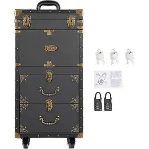 Rolling Lockable Makeup Train Case, Cosmetology Case on Wheels Hairstylist Traveling Bag with Hairdryer Holder, Salon Storage Toolbox with Carry Handle and Trolley, 15.15*10*31.7in(Black)