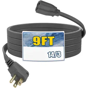 9 Ft Heavy Duty Appliance Extension Cord, 14 Gauge 3 Prong Grounded Flat Plug Power  for Air Conditioners, Refrigerators, Microwaves, Washing Machines, 15A 1875W, Gray