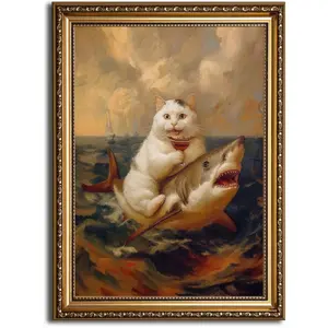 Funny Bathroom Cat Canvas Wall art Renaissance Whimsical Crazy Quirky Humor Fat Cat Riding a Shark Painting Picture Wall Decor Poster Print Artwork for Toilet Restroom Home Decoration