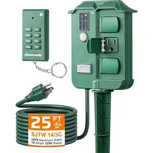 Outdoor Power Stake Timer, Waterproof Outdoor Timer, 6 Grounded Outlets, 25FT Extension Cord, 100FT Range, Photocell Dusk to Dawn Outlet for Christmas Lights, Yard, Garden, UL Listed