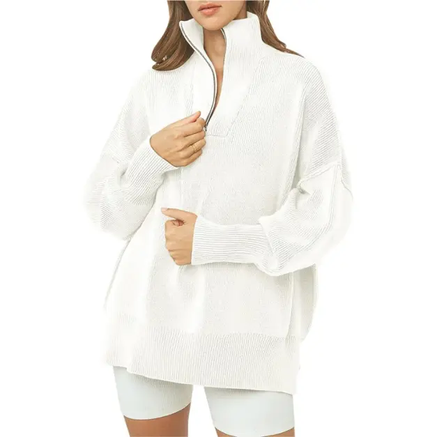 ANRABESS Women's Oversized Sweater 2026 Fall Long Sleeve Quarter Zipper Collar Drop Shoulder Slouchy Pullover Tops