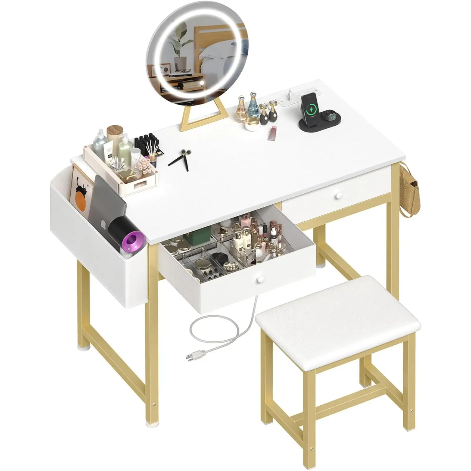 Makeup Vanity Desk with Mirror and Lights - White and Gold Vanity Table Set with Chair, Fabric Drawers, Power Outlet, Small Modern Make Up Dressing Ta