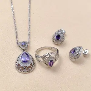 Large-carat Purple Silver Zircon Drop Three-piece Set including Necklace, Earrings and Ring, Versatile for All Occasions