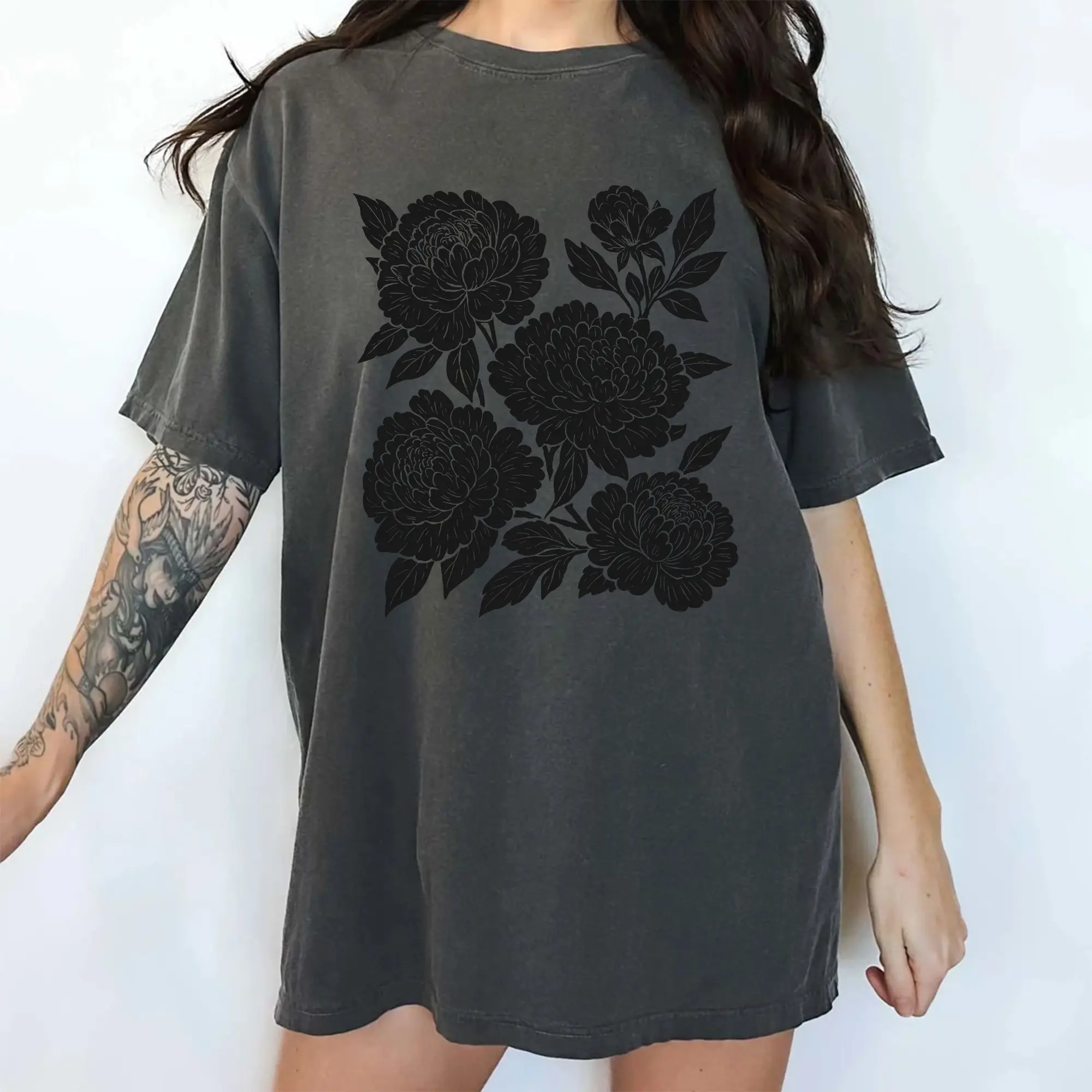 MAPTEES Vintage Linocut Flowers Comfort Colors Shirt, Woodcut Cottagecore Boho Botanical Graphic Tee, Linocut Peonies T-shirt, Gift For Her