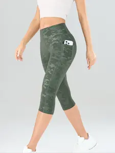 Spring & Fall Women's Camo Print High Waist Yoga Pants, Slim Fit Stretchy Fitness Leggings, Outdoor Running Gym Pants with Pockets,Exercise Capri Pants