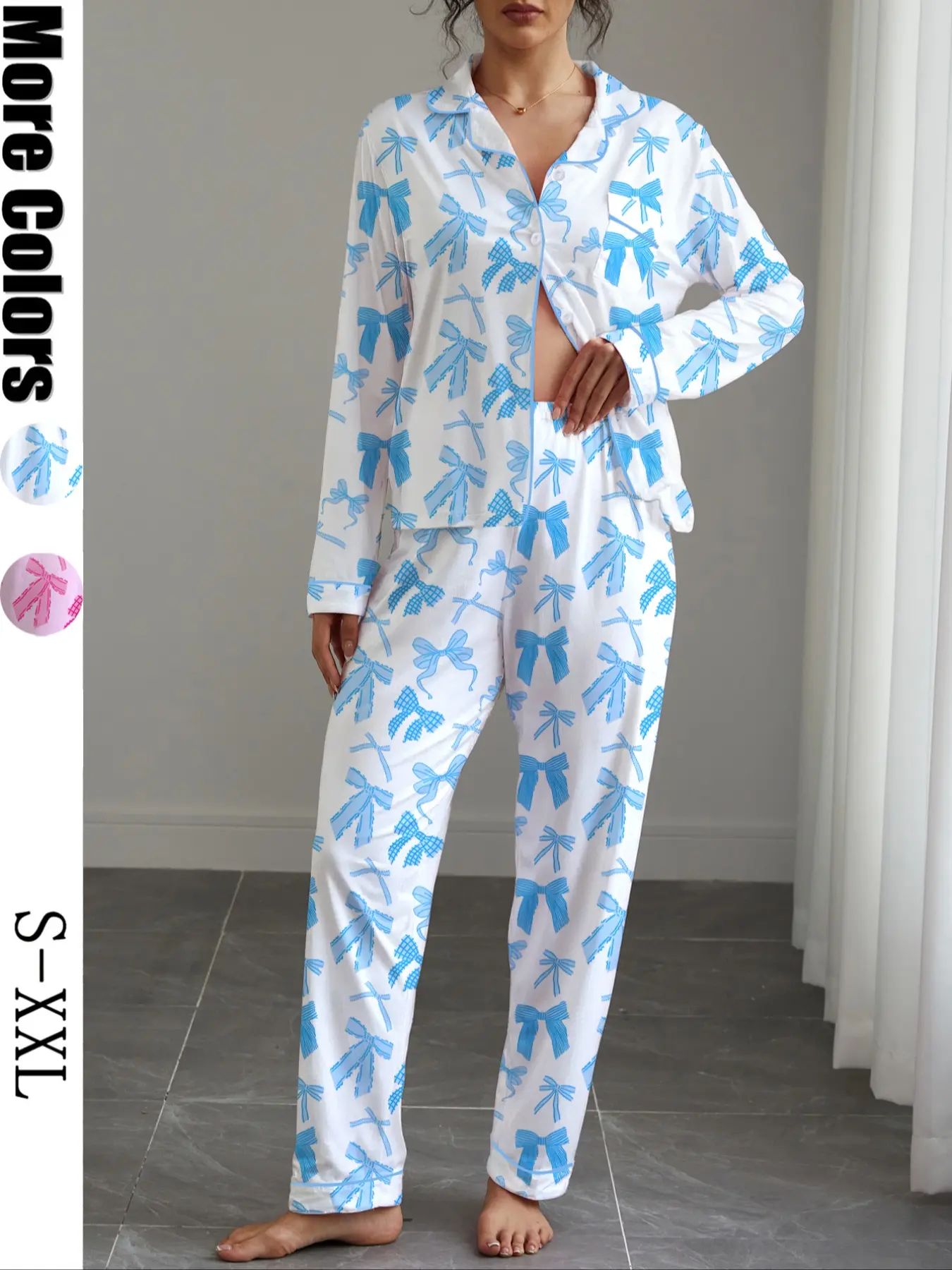 Women's Autumn Winter Pajama Set, Pjs, Bow Print Sleepwear Loungewear, Long Sleeve Shirt Collar Top & Elastic Pants, Soft Stretchy Fabric
