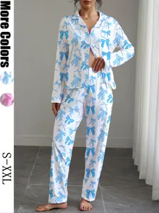 Women's Autumn Winter Pajama Set, Bow Print Sleepwear, Long Sleeve Shirt Collar Top & Elastic Pants, Soft Stretchy Fabric