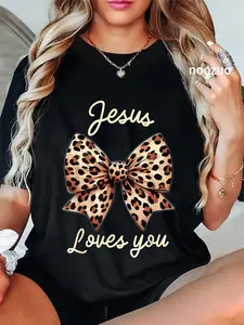 100% Cotton Cute Christian Design Leopard Coquette Bow Jesus Loves You T-Shirt