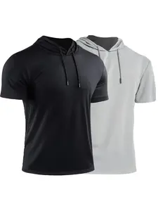 Men's Plain Drawstring Hooded Sports Tee, Breathable Short Sleeve T-shirt for Gym Workout Running, Casual Sportswear for Summer, Athletic Workout Clothing