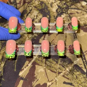 Neon Dream Press-On Nails - Handmade High-Quality Medium Square Short Square Shape Glossy Finish Bold Neon Green Tips Soft Nude Base Reusable Salon Look At Home