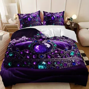 Bedding 3-piece set - 3PCS,down comforter set with purple and green emerald crown design (1 comforter cover + 2 pillowcases, filling not included). soft and comfortable, suitable for family bedrooms.