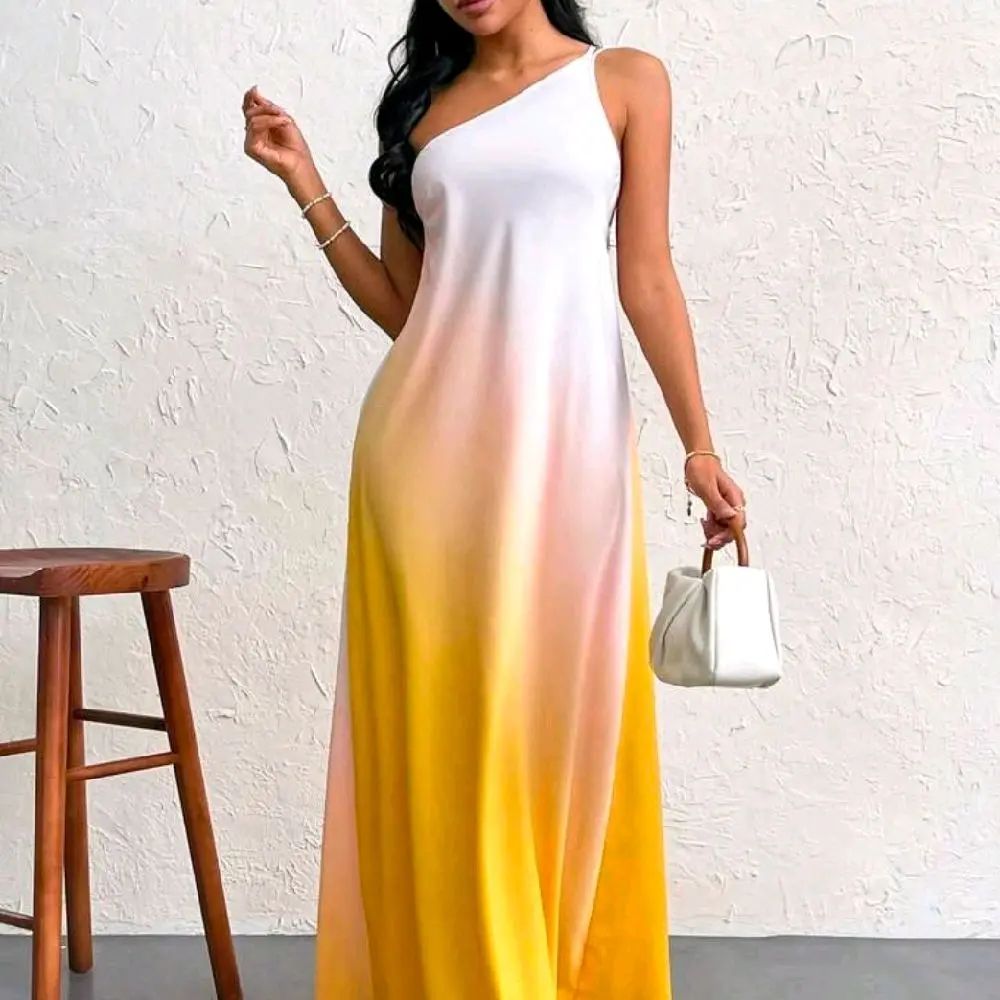 Firerie Women's Super Long One Shoulder Backless Knot Design Gradient Dress