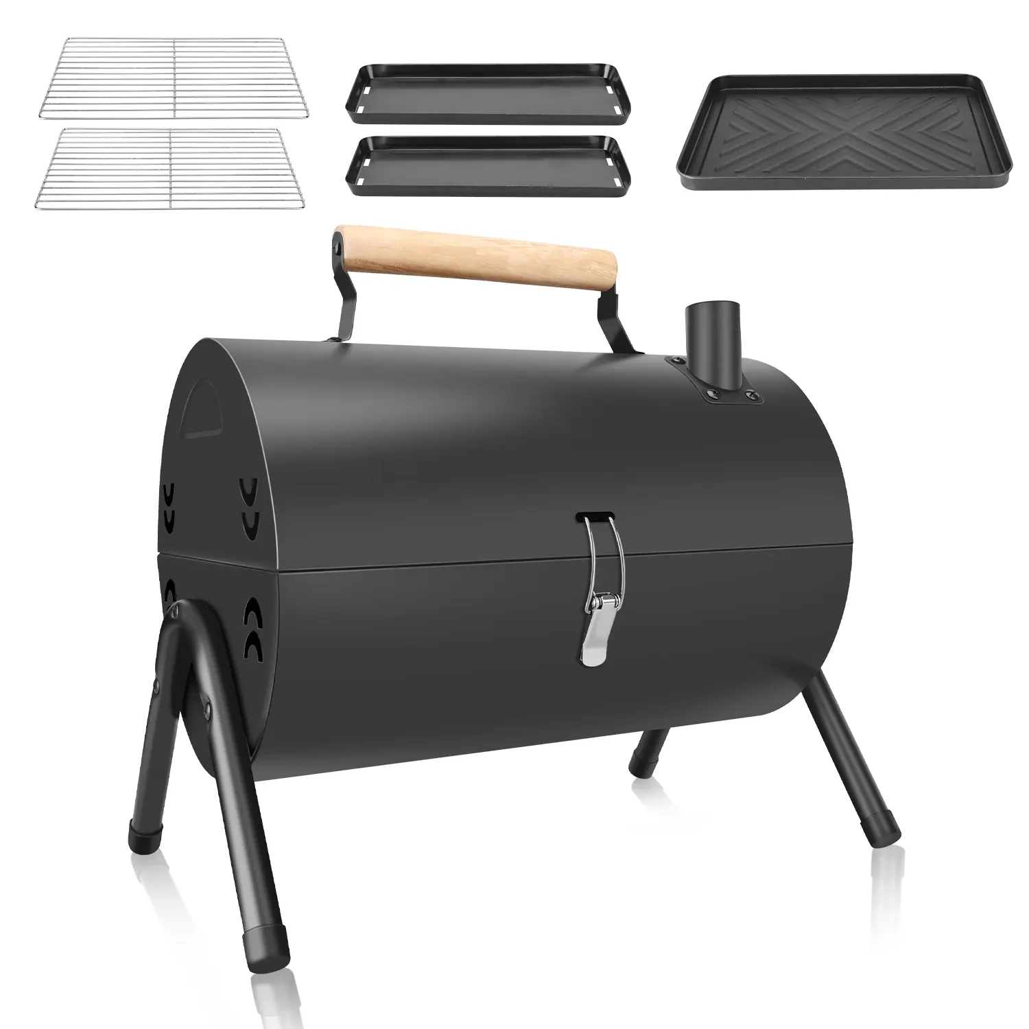Traditional Compact Portable Outdoor Charcoal Barbecue Grill - Double-Sided Large Grilling Area, Wood Handle, Triangle Stable Legs, Detachable Trays, Even Heat Ventilation, Car Trunk Fit, Disposable Set Compatible, for Backyard Camping, Detachable Compone