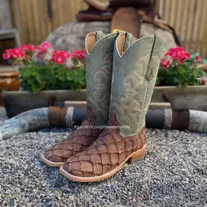 Corral Men's Brown Big Bass Pirarucu Fish with Green Top Square Toe Cowboy Boots A4048