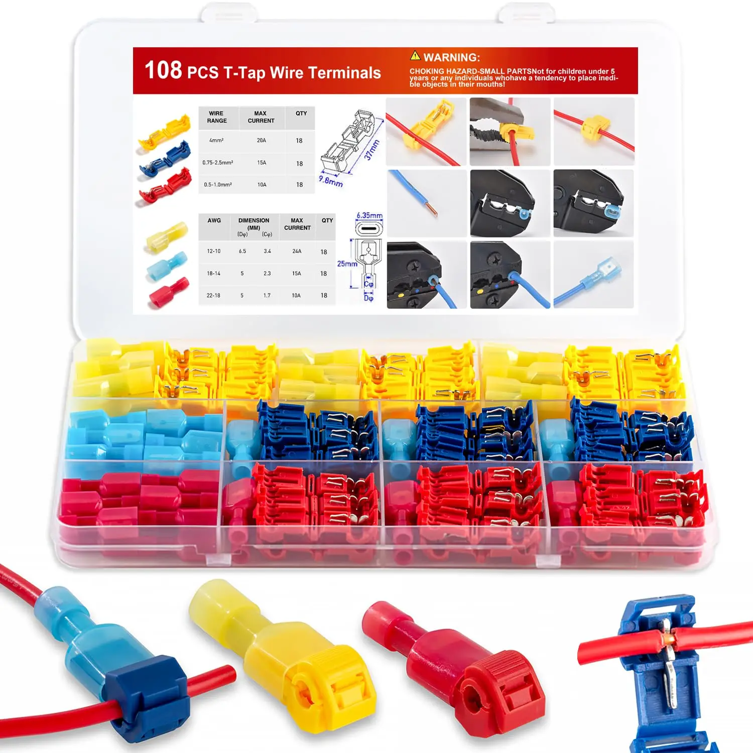 108 count T-Tap Wire Connectors Kit, Quick Splice Self-Stripping Electrical Wire Terminals, Nylon Fully Insulated Male Quick Disconnects for Automotive Wiring (22-10 AWG)