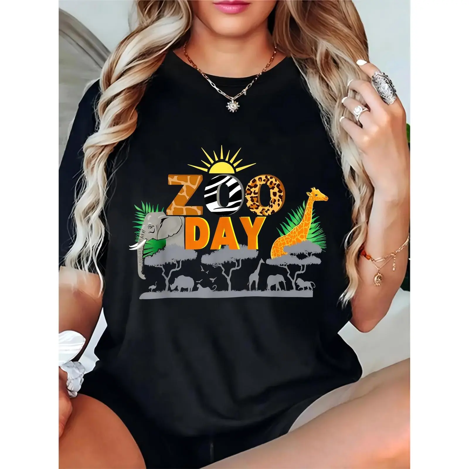 Safari Animal Graphic T-Shirt for Women, Casual 100% Cotton Short Sleeve Crewneck, Lightweight Breathable Relaxed Fit, Top, Tshirt, Comfortable, Round Neck, Skirts, Animal Print, Clothes, Crew Neck