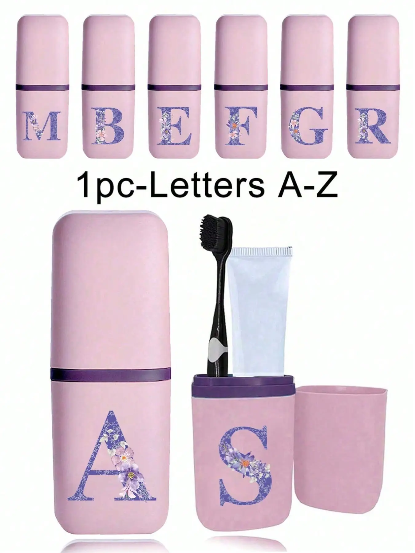 Romantic purple floral A-Z alphabet toothbrush holder storage box, bathroom accessory, outdoor travel toothbrush and toothpaste organizer, alphabet series printed dustproof storage box, travel essential, back-to-school supplies, holiday camping and vacati