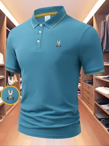 Men's Regular Fit Letter Print Rabbit Contrast Trim Polo Shirt, Casual Short Sleeve Half Zip Top for Summer, Fashion Men's Clothes for Daily Wear, Tropical