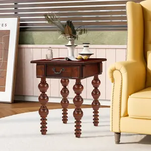 Solid Wood End Table with Drawer, Easy Assembly Vintage Naow Sofa Side Table for Living Room, Walnut