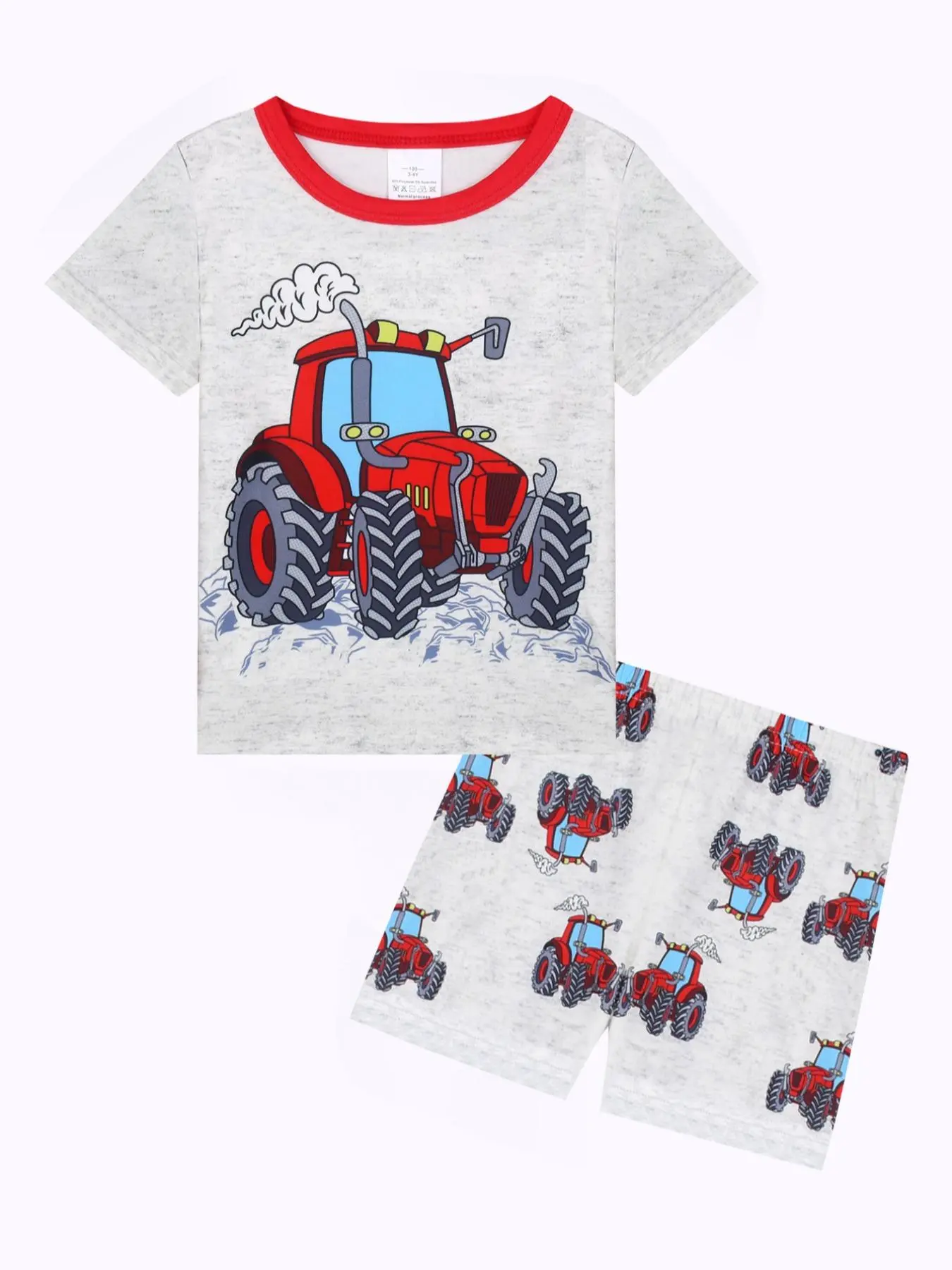Boy Round Neck Short Sleeve Pajama Set, Tractor Digital Print, Cartoon Print Pajama, Fashionable Comfortable Home Wear, Pajamas, Casual Style, Cartoon Print Sleepwear, Cartoon Pattern Pajamas