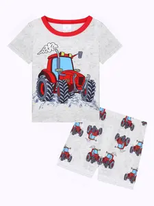Boys' Cartoon Tractor Print Tee & Shorts Loungewear, Casual Comfy Round Neck Short Sleeve T-shirt & Shorts Pj Set, Kids Sleepwear for Summer, Children Clothes, Cartoon Print Pajama, Pajama Lounge Sets, Pajamas