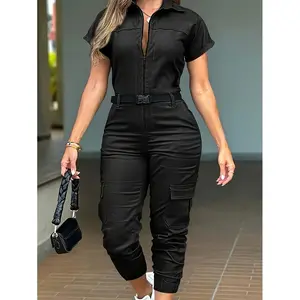 Casual pocket with belt zipper lapel short sleeve tight plus size jumpsuit