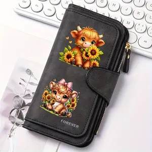1pc Highland cow sunflower pattern women's long wallet, multi-functional wallet, portable snap coin purse, money bag purse, birthday gift and daily commuting essential, perfect holiday gift, suitable for outdoor, travel and family use, 2.27CYJ-3