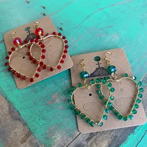 Mi Amor Earrings - 2" Big Open Heart Design with Wired Crystal Beads in Red or Sea Green Options