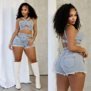 summer spring clothes Sexy Jean Women Short Sets Straps Denim Crop Top and Cut Out Shorts Set 2025 new Clothes Streetwear Two 2 Piece Outfits Womenswear Check Light Suits Gamis Basic Fitted Minimalist Sleeveless