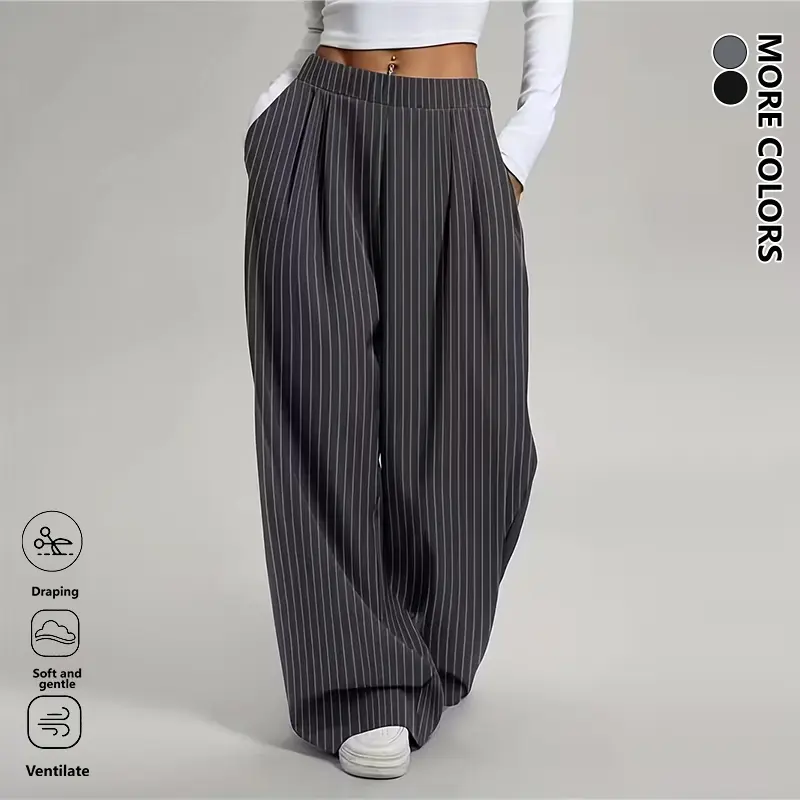 Clean Gent women’s vintage loose straight casual pants for spring and autumn; suitable for all seasons; button front; striped pattern design; relaxed look; casual, stylish, comfortable long pants, ideal for everyday wear and business settings.