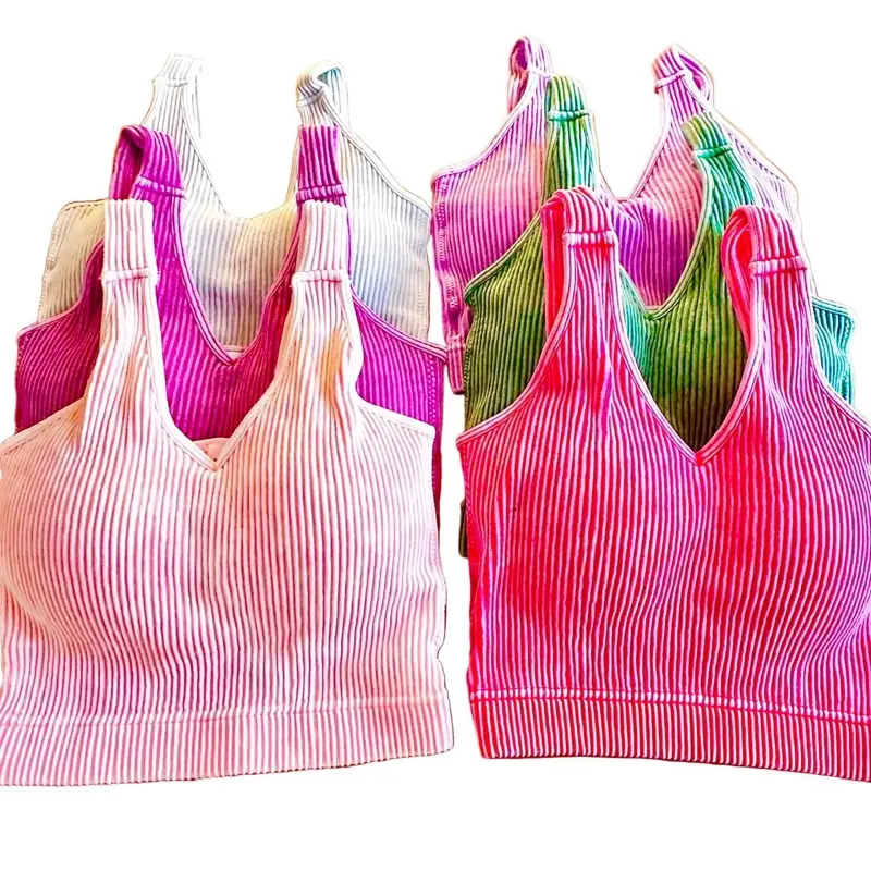 V-Neck Padded Crop Top Bralette - Washed Ribbed Fabric, Incredible Support, Removable Pads, 90% Nylon 10% Spandex