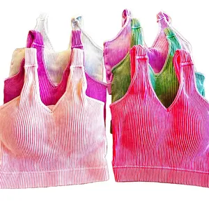 V-Neck Padded Crop Top Bralette - Washed Ribbed Fabric, Incredible Support, Removable Pads, 90% Nylon 10% Spandex