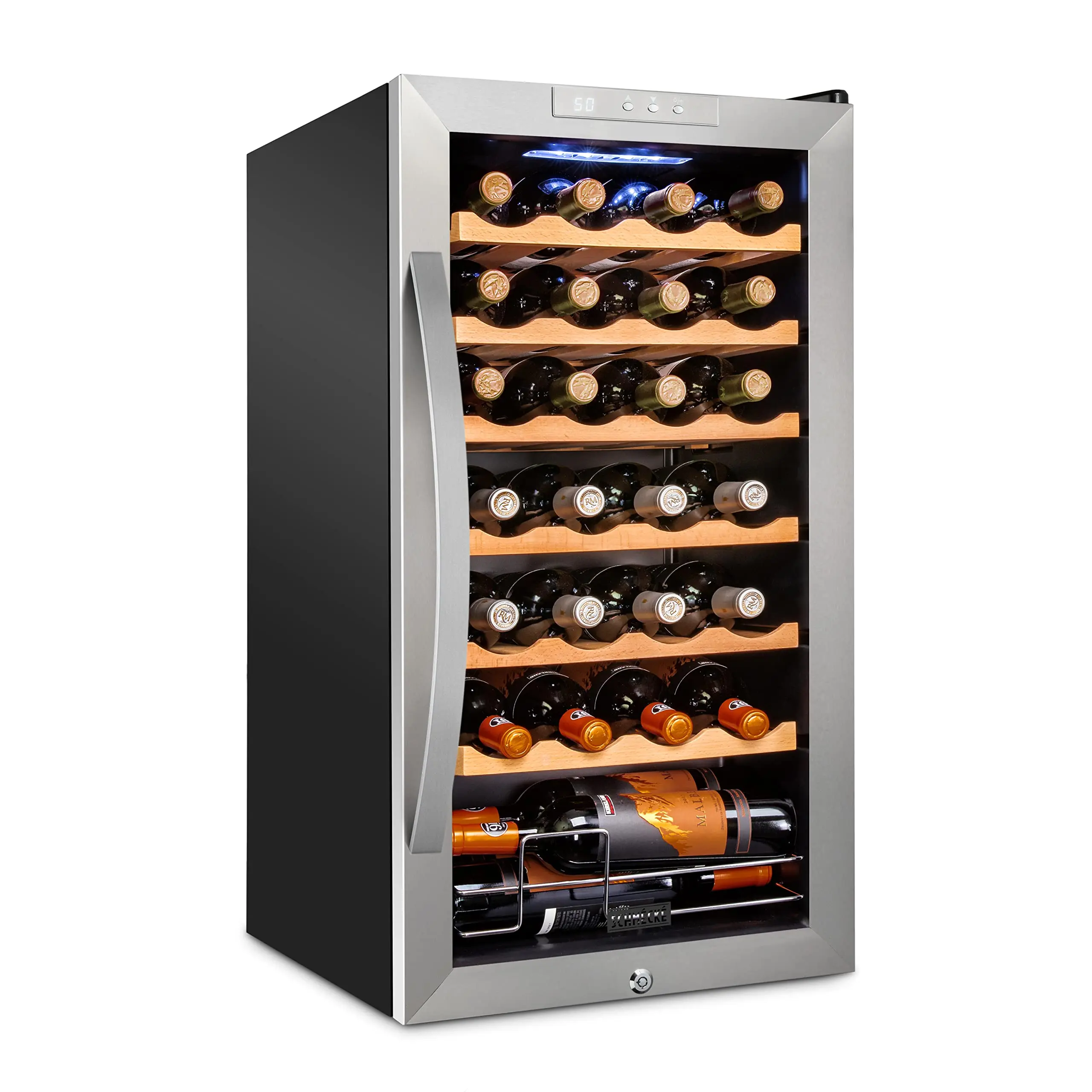 Schmécké 28 Bottle Compressor Wine Cooler Refrigerator w/Lock - Large Freestanding Wine Cellar For Red, White, Champagne or Sparkling Wine - 41f-64f Digital Temperature Control Fridge Stainless Steel
