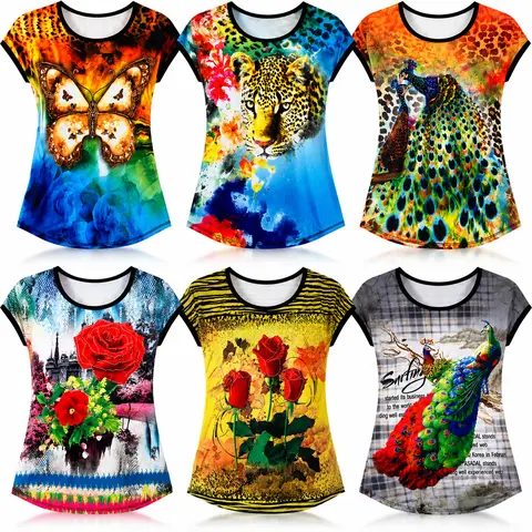 6-Pack P0049 Women's Plus Size Lightweight Graphic T-Shirts, Womenswear Top for Daily Wear Breathable Casual