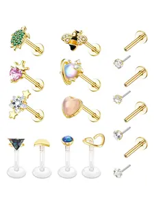 14 PCS 16G Threadless Nose Stud Lip Rings Set for Women Surgical Steel Screw Back Flat Back Earrings Tragus Piercing Jewelry