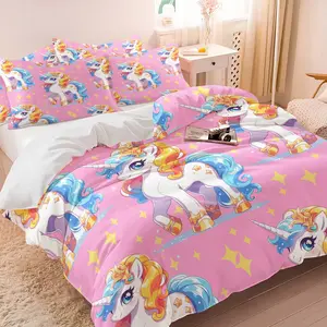 Pink Gold Gradient Unicorn Cartoon Duvet Cover Set with 1-2 Pillowcases No Core, Soft Skin-Friendly, Soft Pink Base Color, Exquisite Gorgeous Unicorn Pattern, Anime & Manga Dreamy Bedroom Decor Gift Choice, Soft Breathable Bedding