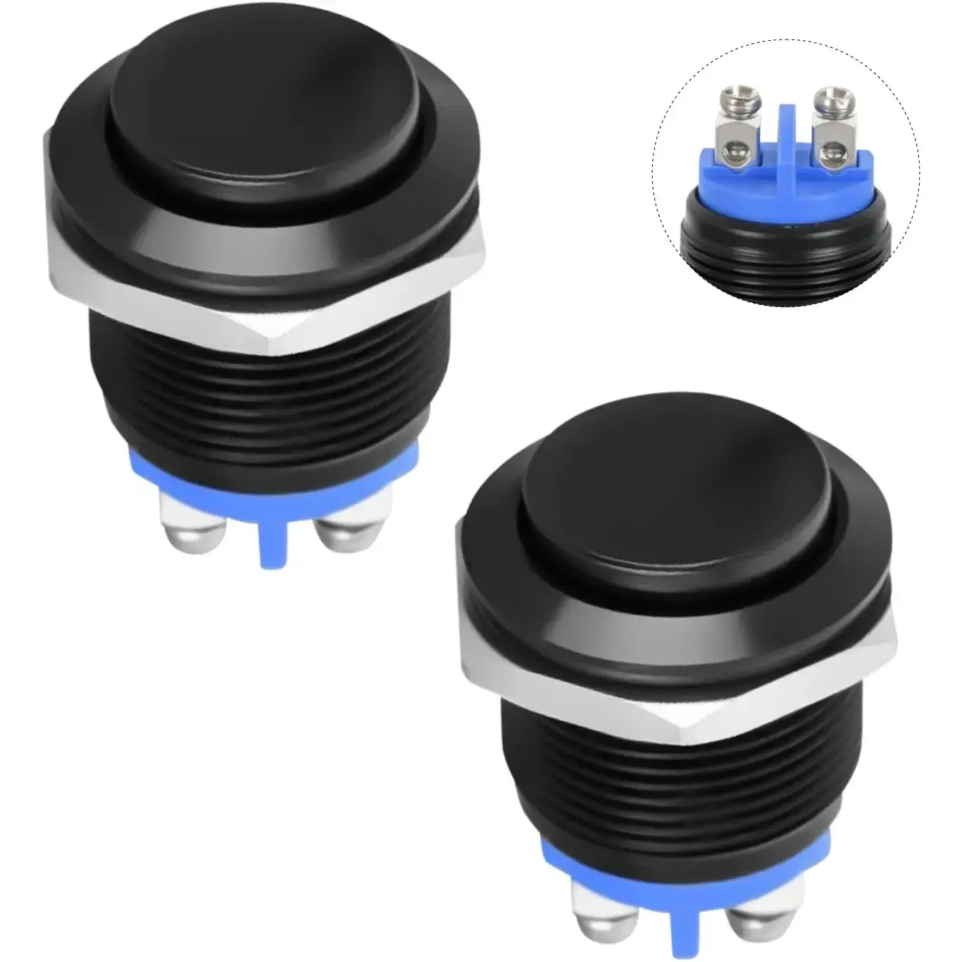 19mm Momentary Push Button Switch 12V Waterproof Black Metal Round Starter Power Switches 2PCS 2 Pin Screw Terminal for Car Truck Horn Boat Marine RV Vehicle