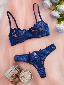 Women's Floral Embroidered Bra Set, Sexy Multiway Bras with Buckle, Fitted Three-Quarter Cup, All Seasons Wear，Date Set ，Wedding Season