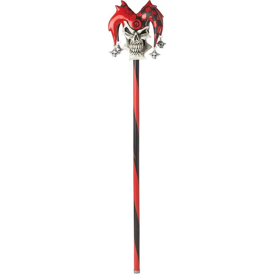 Red and Black Psycho Jester Skull Cane Costume Prop Accessory