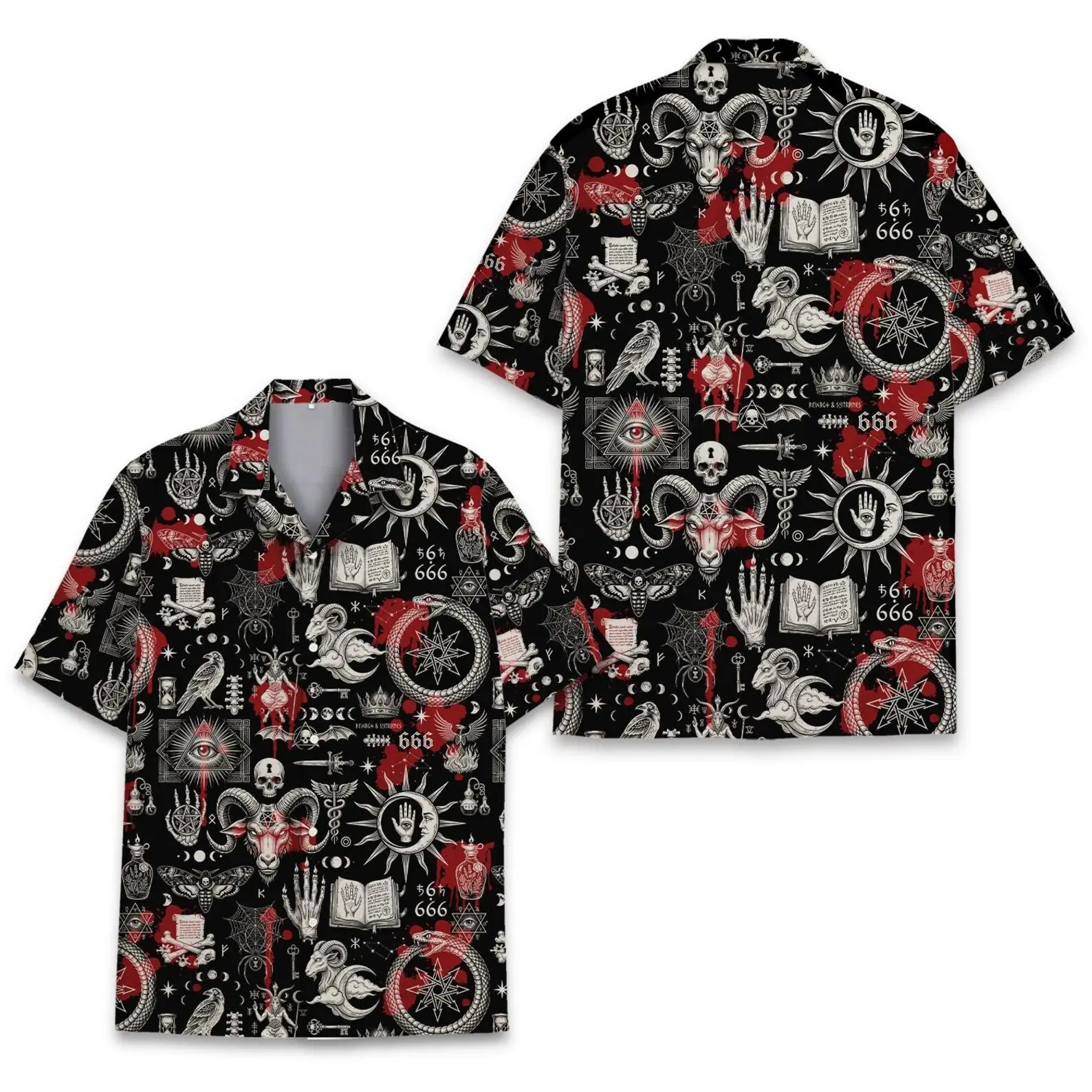 Satanic Occult Hawaiian Shirt, Baphomet Pentagram Button Down, Gothic Aesthetic Summer Top, Dark Witchcraft Shirt, Men's Alt Fashion