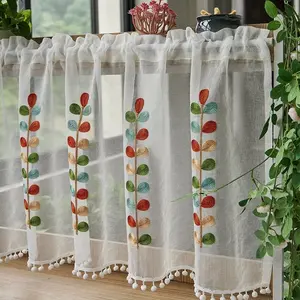 Fresh Country Style Minimalist Design Sheer Curtain with Embroidered Leaves, Short Cafe Curtain, Easy to Hang, Easy Installation, Suitable for Kitchen, Bathroom, Entryway, Home Decoration Curtain