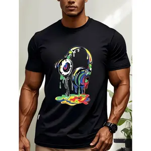 Color Pigment Earphones T-Shirt Round Neck Short Sleeve Casual Exquisite Design Summer Essential[100% Cotton]Men's Fashion