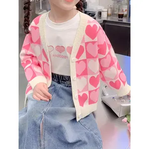 1pc Girls' Casual Heart Plaid Print Knit Cardigan - Soft Fleece-Lined V-Neck Long Sleeve Sweater/Fall, Button-Up Front, Lightweight & Comfortable, Perfect Casual Attire, Fall Clothing, Buttonup Front Cardigan, Soft Fleece Lining