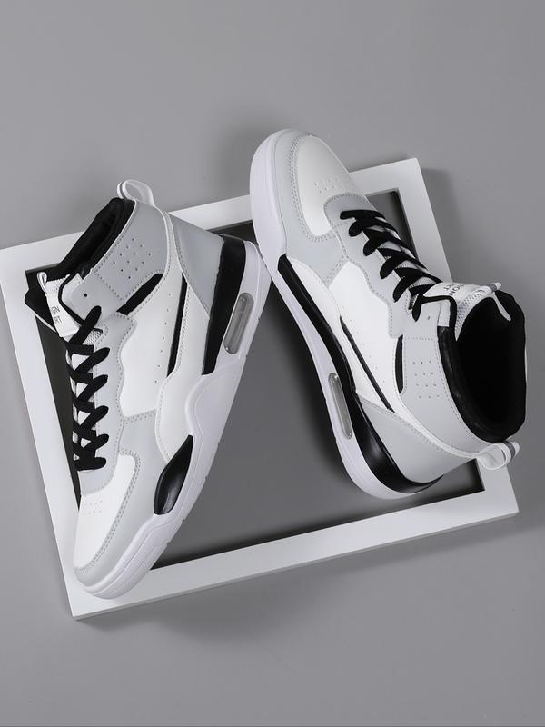 High Top Men's Stylish Basketball Shoes, Casual, Comfortable Breathable Lace-Up, Air Cushion Sole, Patchwork Design, PU Leather, All Seasons
